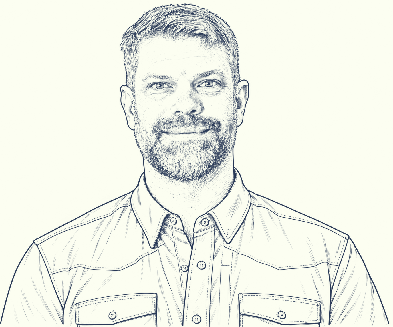 A digitally illustrated portrait of a man with a beard, wearing a collared shirt, smiling against a plain light background.