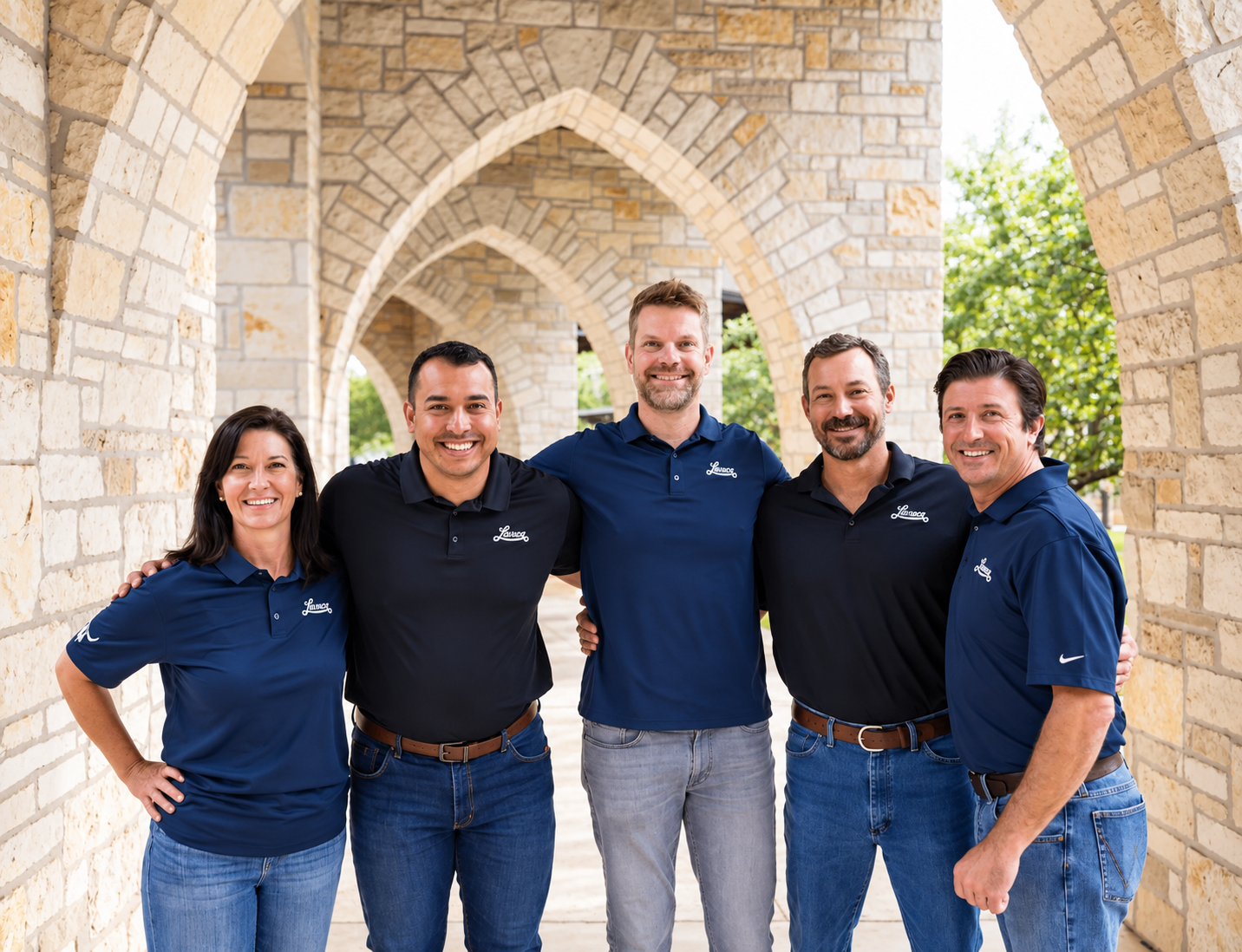 Group of five adults standing closely together, smiling, outdoors under stone arches, wearing navy and blue shirts with a logo on the chest, in casual attire.