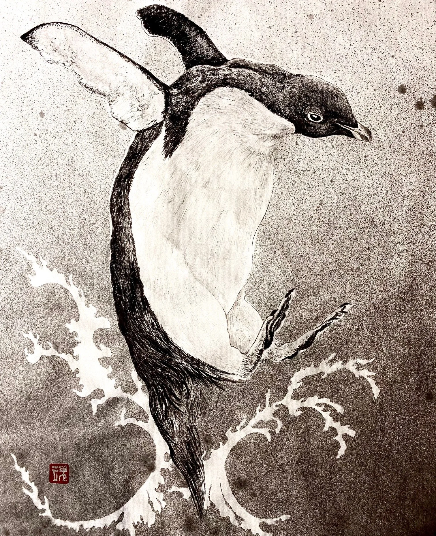 A detailed black and white ink illustration of a penguin leaping out of the water, surrounded by splashes, with a traditional red seal stamp in the bottom left corner.