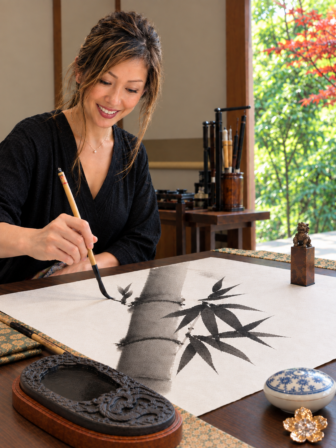 A woman in traditional Japanese attire painting a bamboo leaf design with ink on paper, sitting at a wooden table in a room with natural light and outdoor greenery visible through a window.