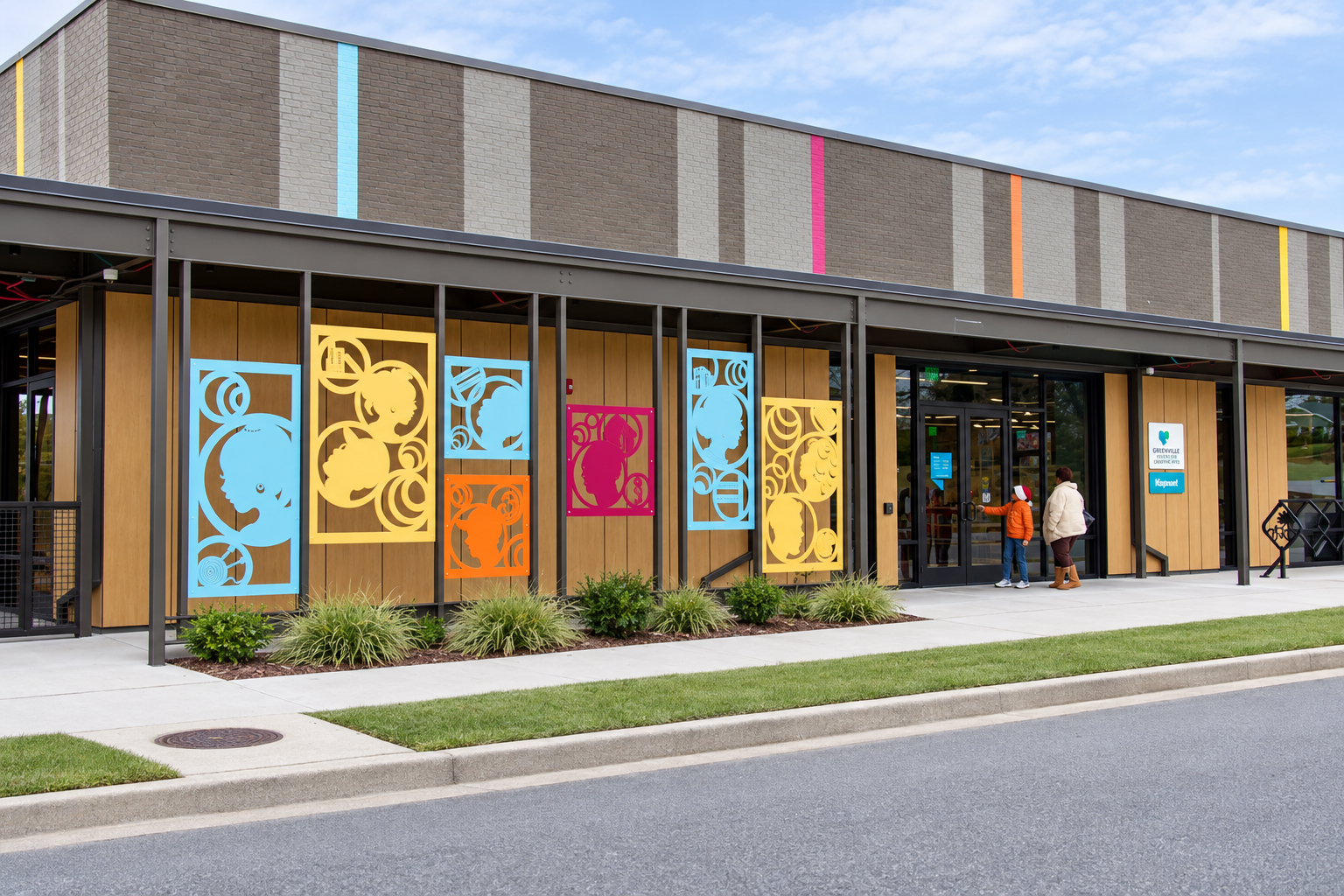 Exterior view of a modern building with colorful decorative panels and a sign for the Greenville Library. Two people are walking near the entrance.