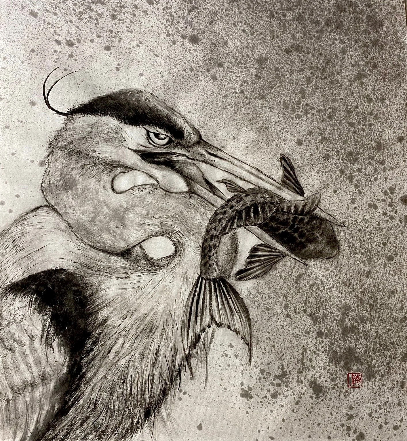 A detailed black and white painting of a heron holding a fish in its beak. The heron has a long, pointed beak, sharp eyes, and detailed feathers, with a water splashing effect in the background.