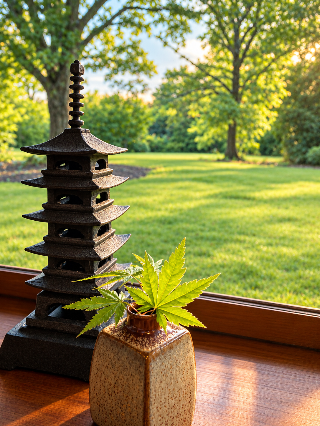 Indoor scene with a small potted plant with green leaves and a black decorative pagoda sculpture on a wooden surface, with a view of a sunny green backyard and trees outside the window.