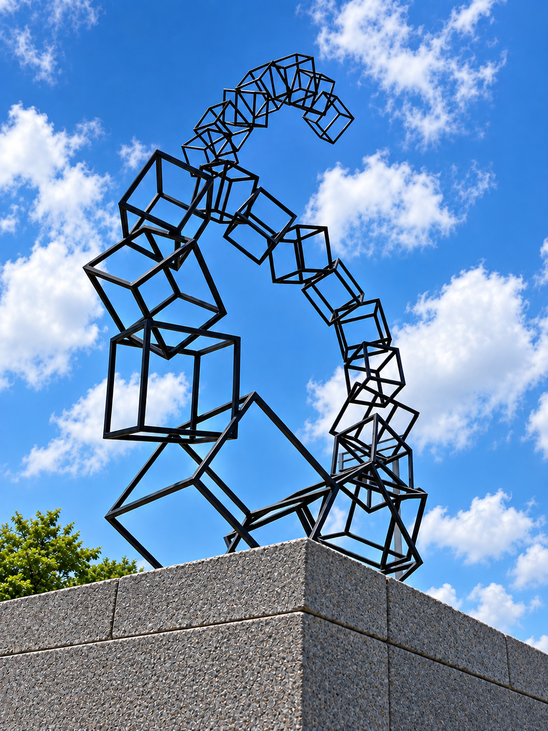 Metal sculpture of connected cubes forming a spiral, set against a blue sky with scattered clouds, mounted on a stone platform.