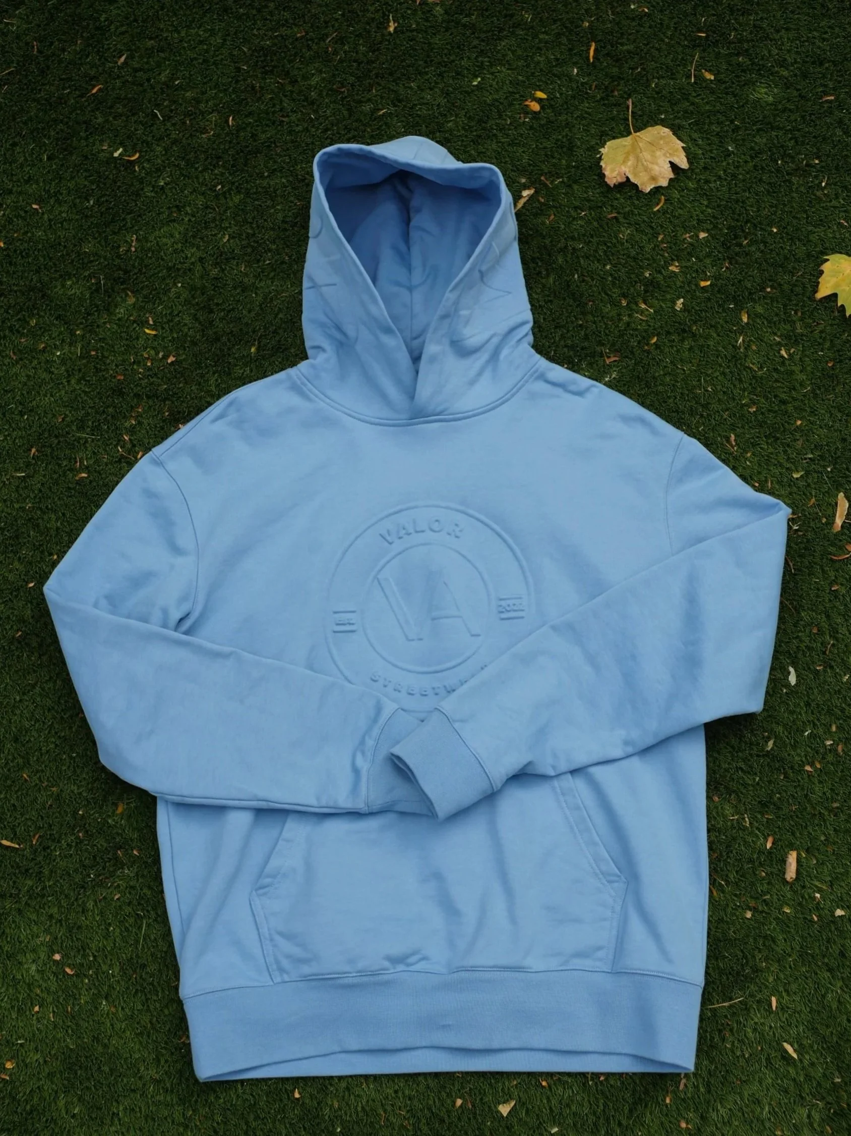 Light blue hoodie lying on green grass with fallen leaves around it.