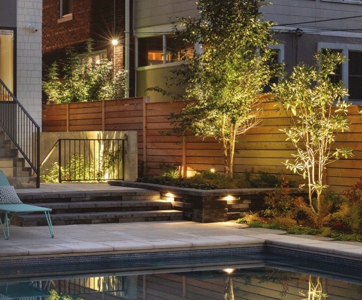 A contemporary, clean lined backyard design at dusk with a swimming pool, atmospheric outdoor lighting, screening trees, and a custom privacy fence.