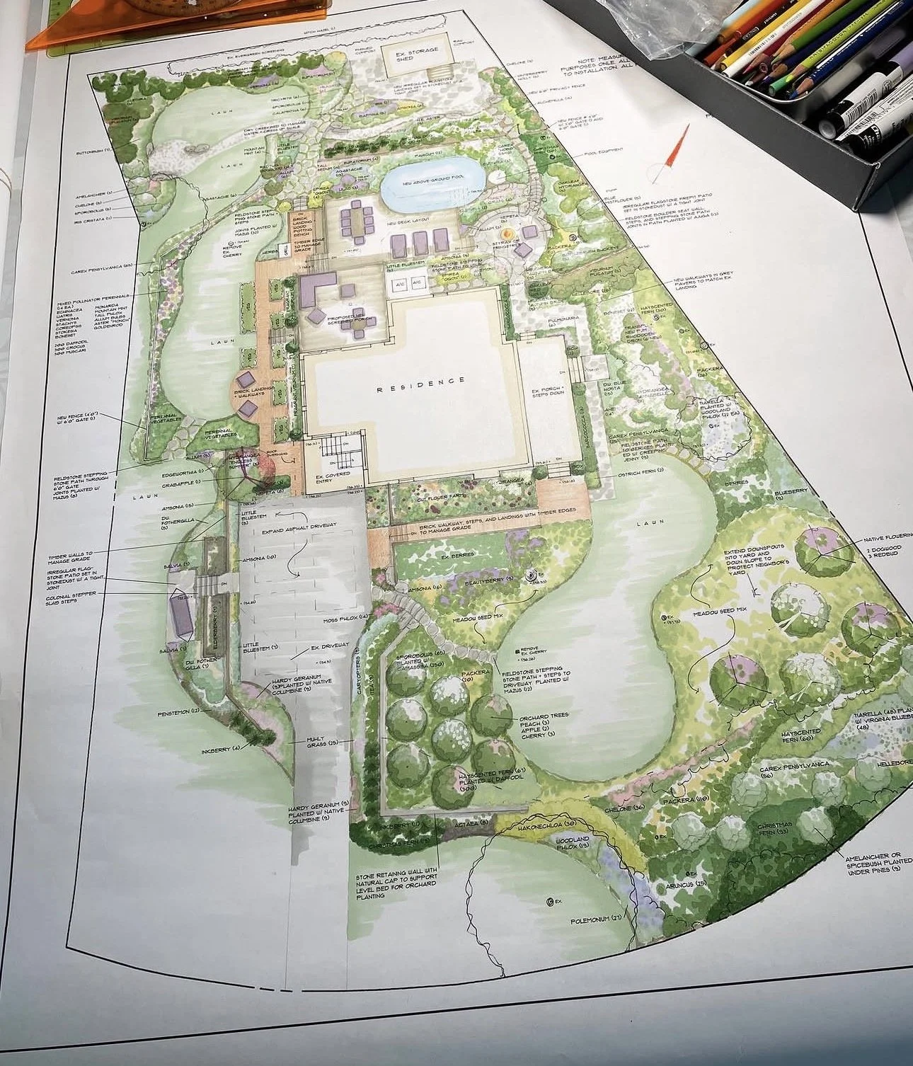 Hand drawn landscape plan, naturalistic garden, master plan garden