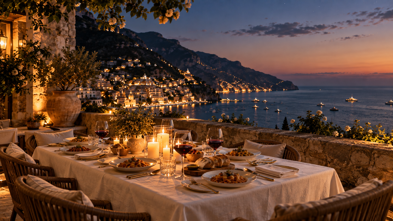 An outdoor dining table set with candles and glasses of red wine on a terrace overlooking a coastal city at dusk, with boats on the water and hillside houses illuminated in the background.