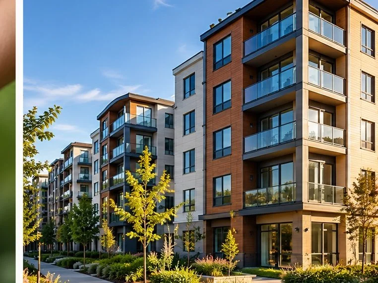 Modern multi-story apartment building with glass balconies, surrounded by trees and landscaping, under a blue sky.