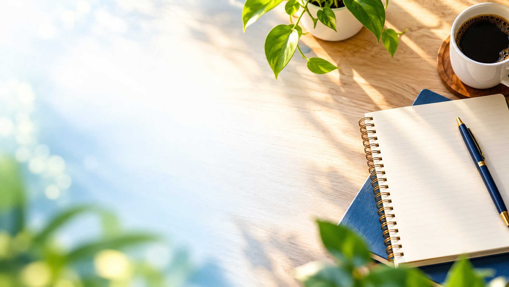 A wooden desk with a potted plant, a cup of black coffee on a wooden coaster, a lined notebook with a blue cover, and a gold and blue pen on top of the notebook in a sunlight-lit room.