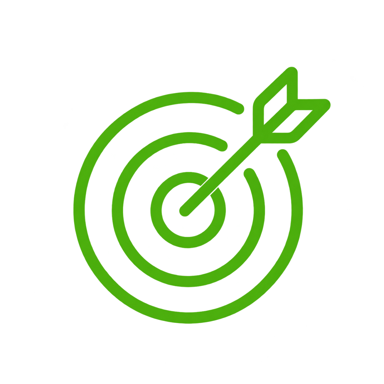 Green icon of a target with an arrow hitting the bullseye.