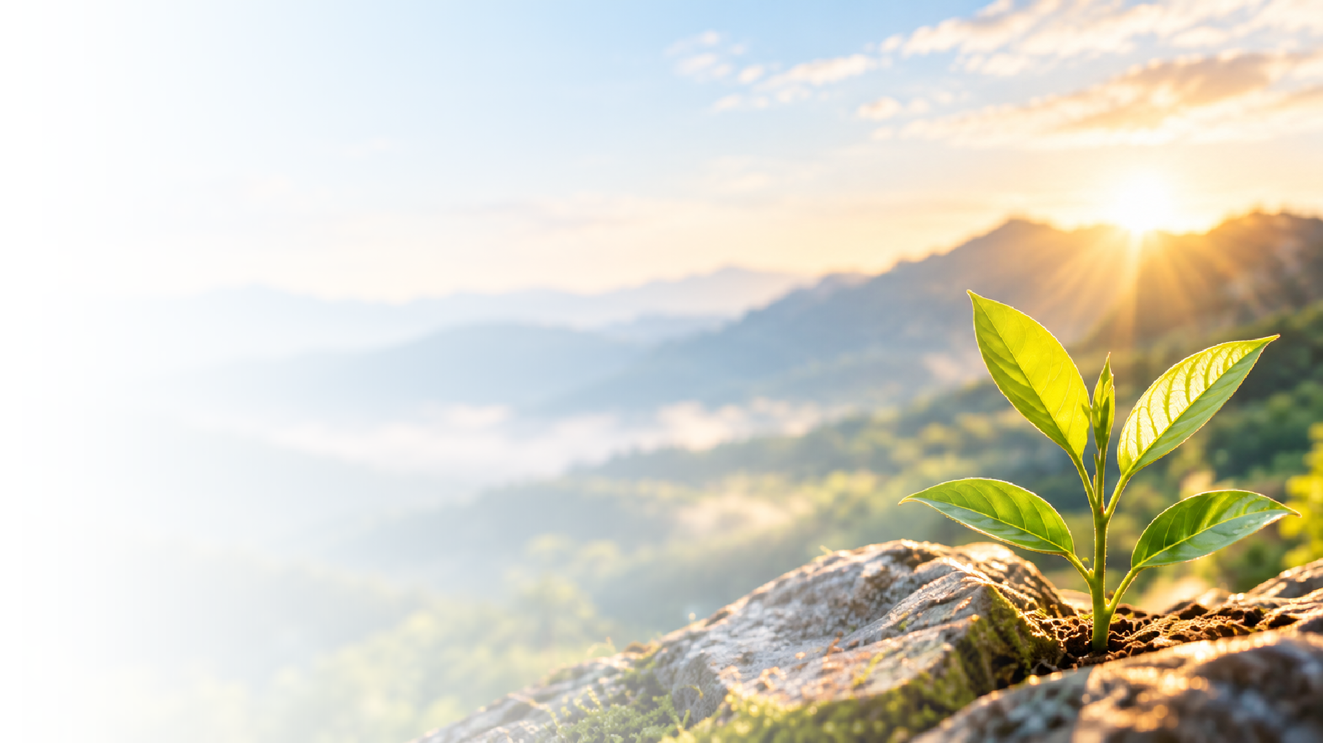 Close-up of a green plant with multiple leaves growing on rocky soil, with a sunset and mountain range in the background.