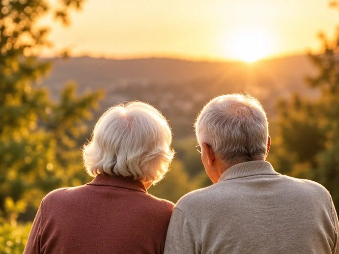 An elderly couple sitting outdoors, watching a sunset over a hilly landscape with trees.