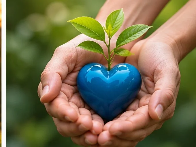 Hands holding a blue heart-shaped planter with a small green plant growing out of it.