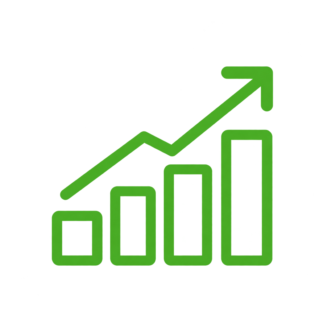 A green and black illustration of a bar graph with four bars increasing in height from left to right, topped by an upward-pointing arrow indicating growth or success.