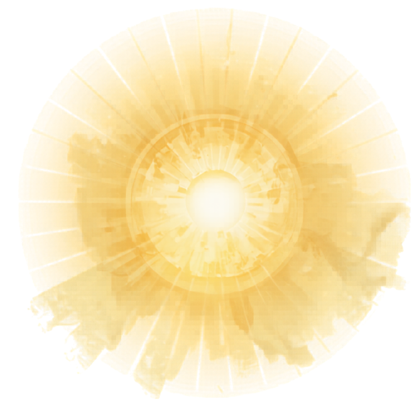 Leuchtendes, goldenes, digital abgebildetes Sonnen- oder Lichtmuster mit radialen Linien und einem zentralen hellen Punkt.