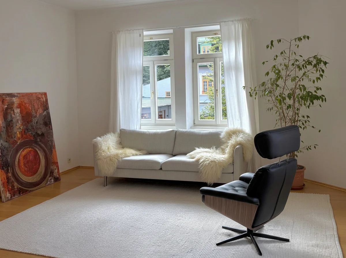moderne Praxis mit weißem Sofa, schwarzen Relaxsessel, großen Fenstern mit weißen Vorhängen, einem großen Pflanze in einem Topf, einem Teppich und einem abstrakten Gemälde