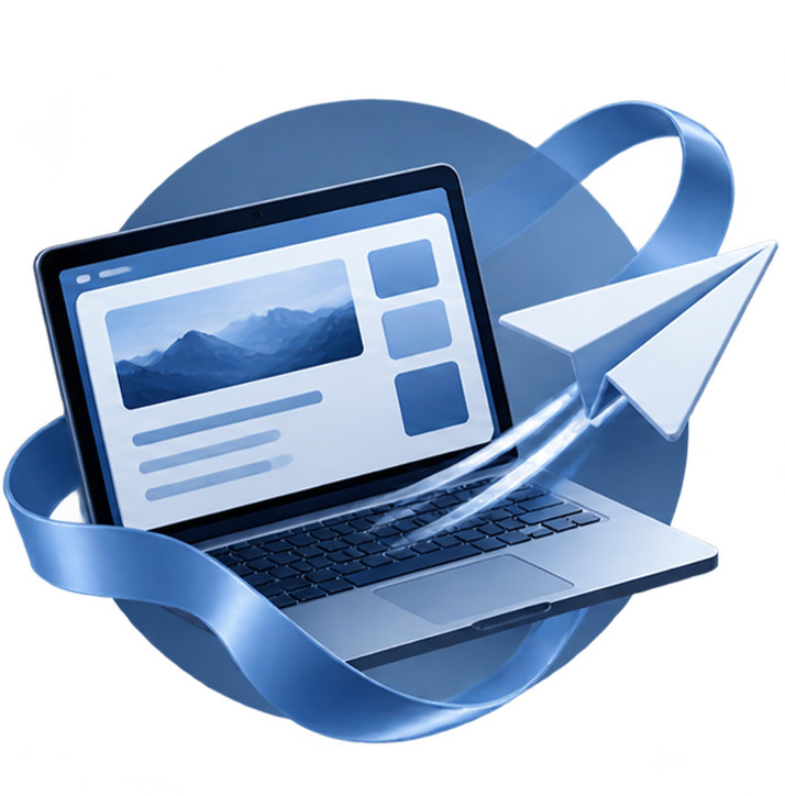 A digital illustration of a laptop with a webpage open on the screen, with a paper airplane flying out of it, surrounded by a blue ribbon and cloud shapes.