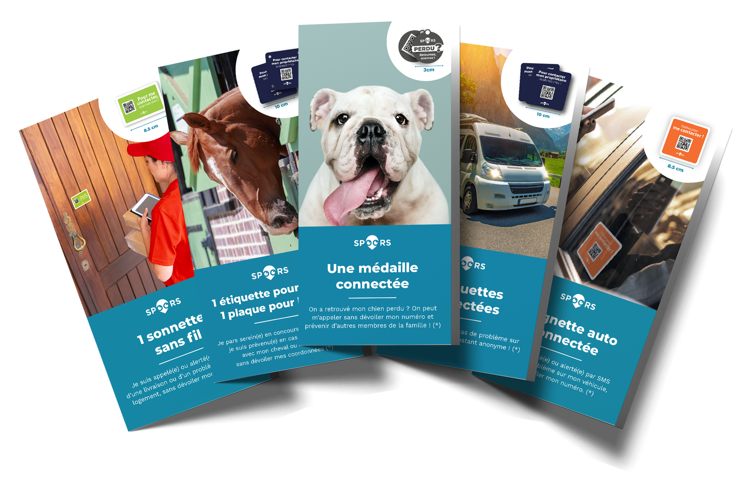 Collection of promotional flyers for connected pet tags, featuring images of various animals and people, along with QR codes and product descriptions.