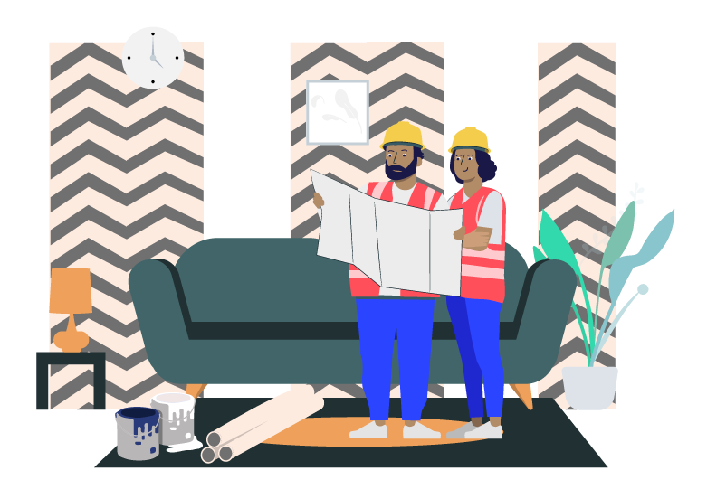 Two construction workers, a man and a woman, in a living room looking at a blueprint, with a couch, painting, clock, potted plant, and paint cans in the background.