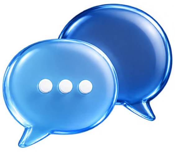 Two blue speech bubble icons, one with three white dots inside