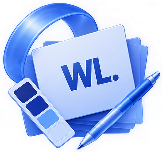 Photo of a color palette, a pen, and cards with 'WL.' written on them, set against a blue circular background.