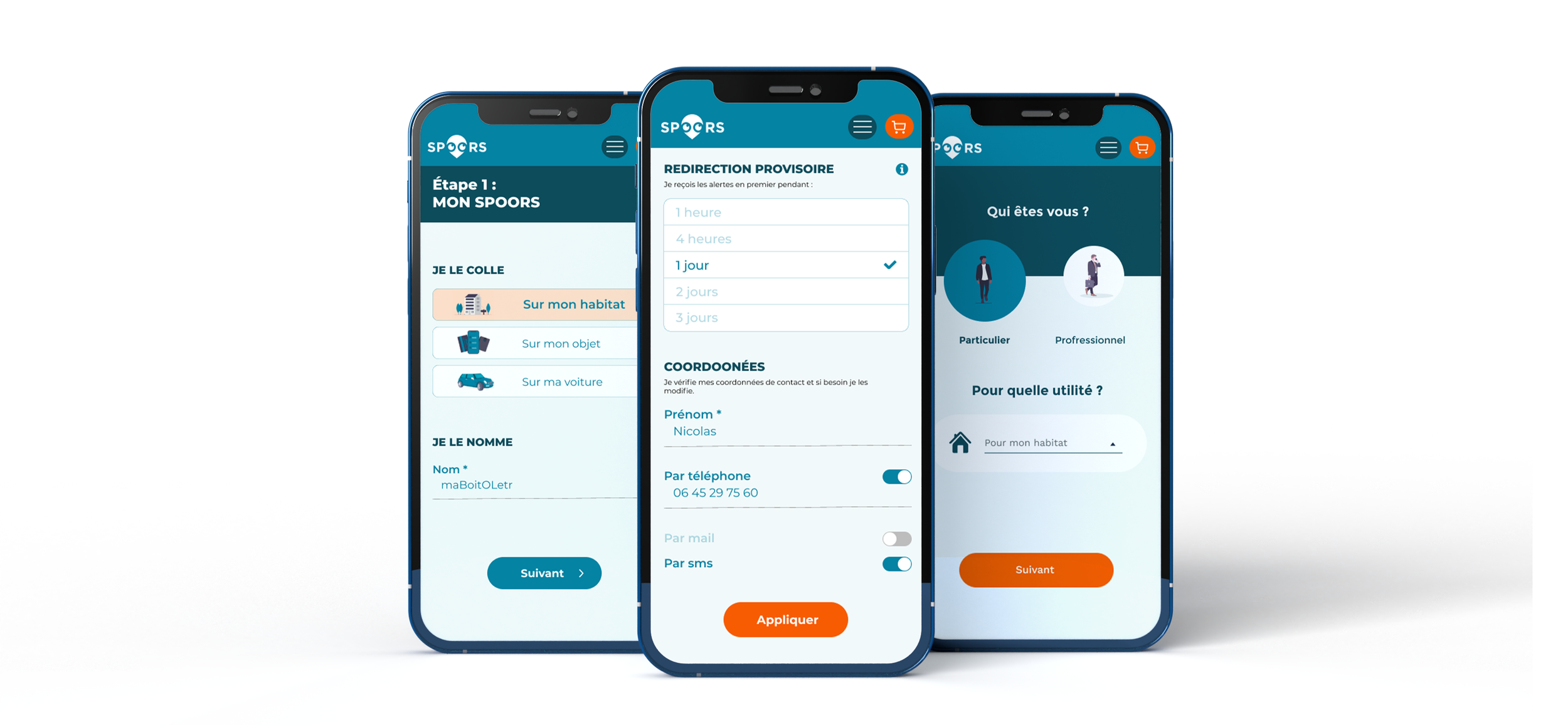 Three smartphones displaying a sports alert app in French with options to set preferences and subscription details.
