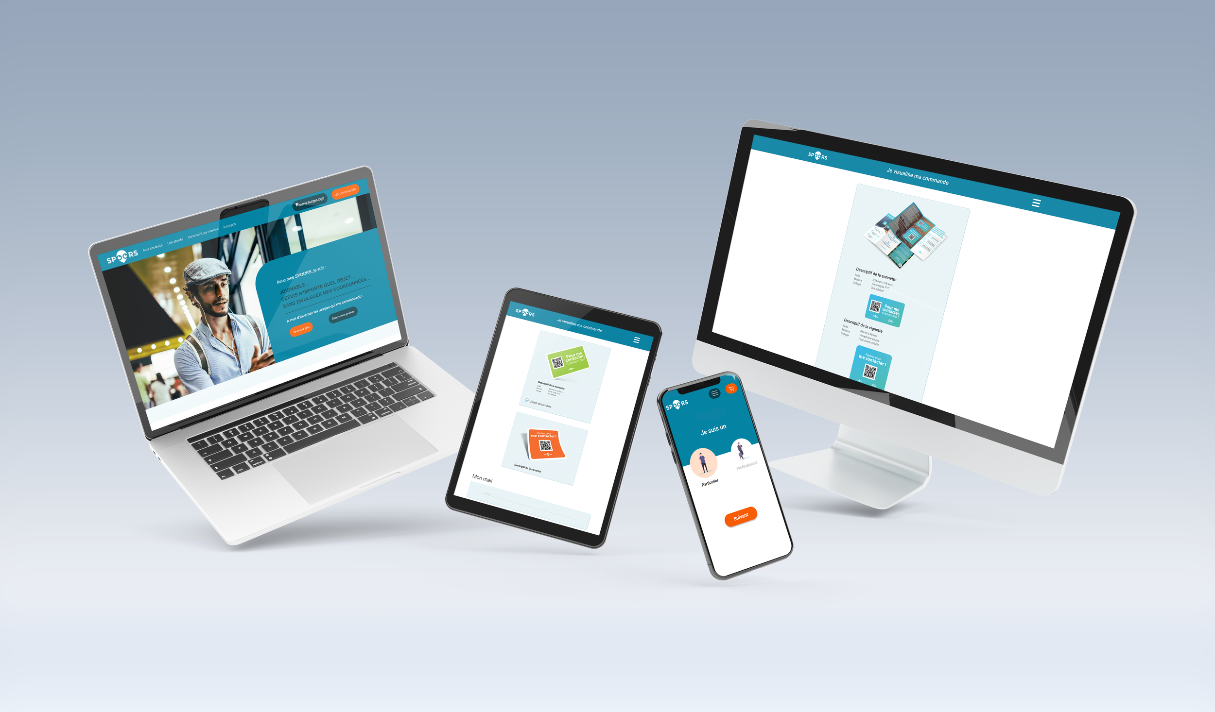 Multiple electronic devices displaying a website and online platform, including a laptop, smartphone, and tablets, on a plain light blue background.