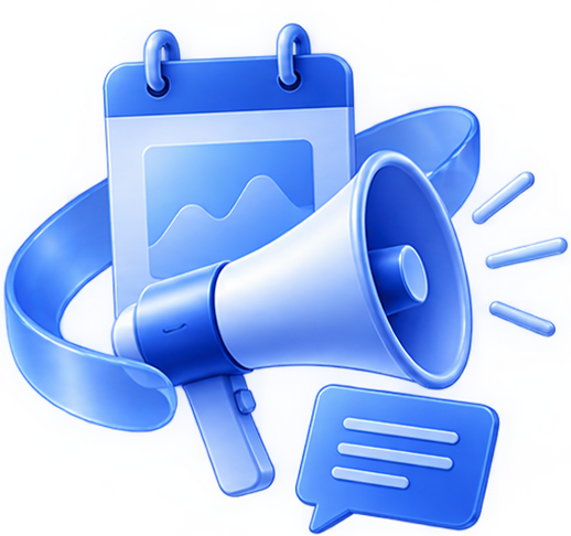 A blue calendar, a megaphone, a chat bubble, and a chart on a clipboard, representing marketing and communication tools.