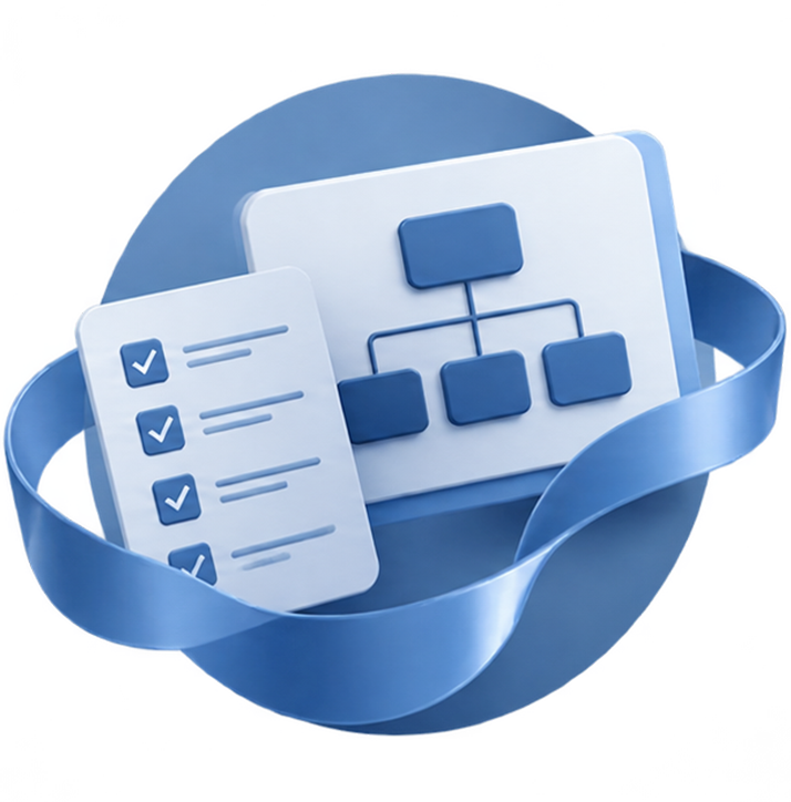 Digital illustration of a flowchart diagram and a checklist on a blue circular background with a ribbon.