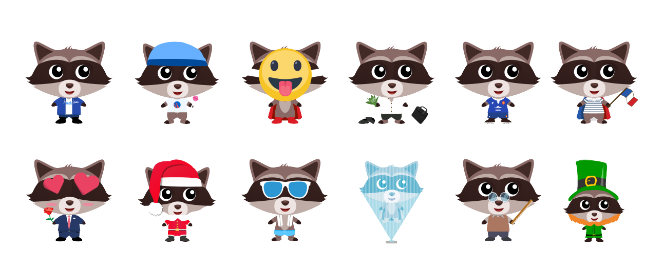 Collection of raccoons dressed in various costumes including a nerd, astronaut, emoji, reporter, genie, French flag patriot, hearts glasses, Santa, sunglasses, wolf, artist, and leprechaun.