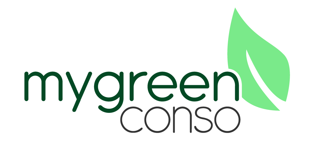 Logo with green leaf and the words "mygreen conso" in black and dark green text.
