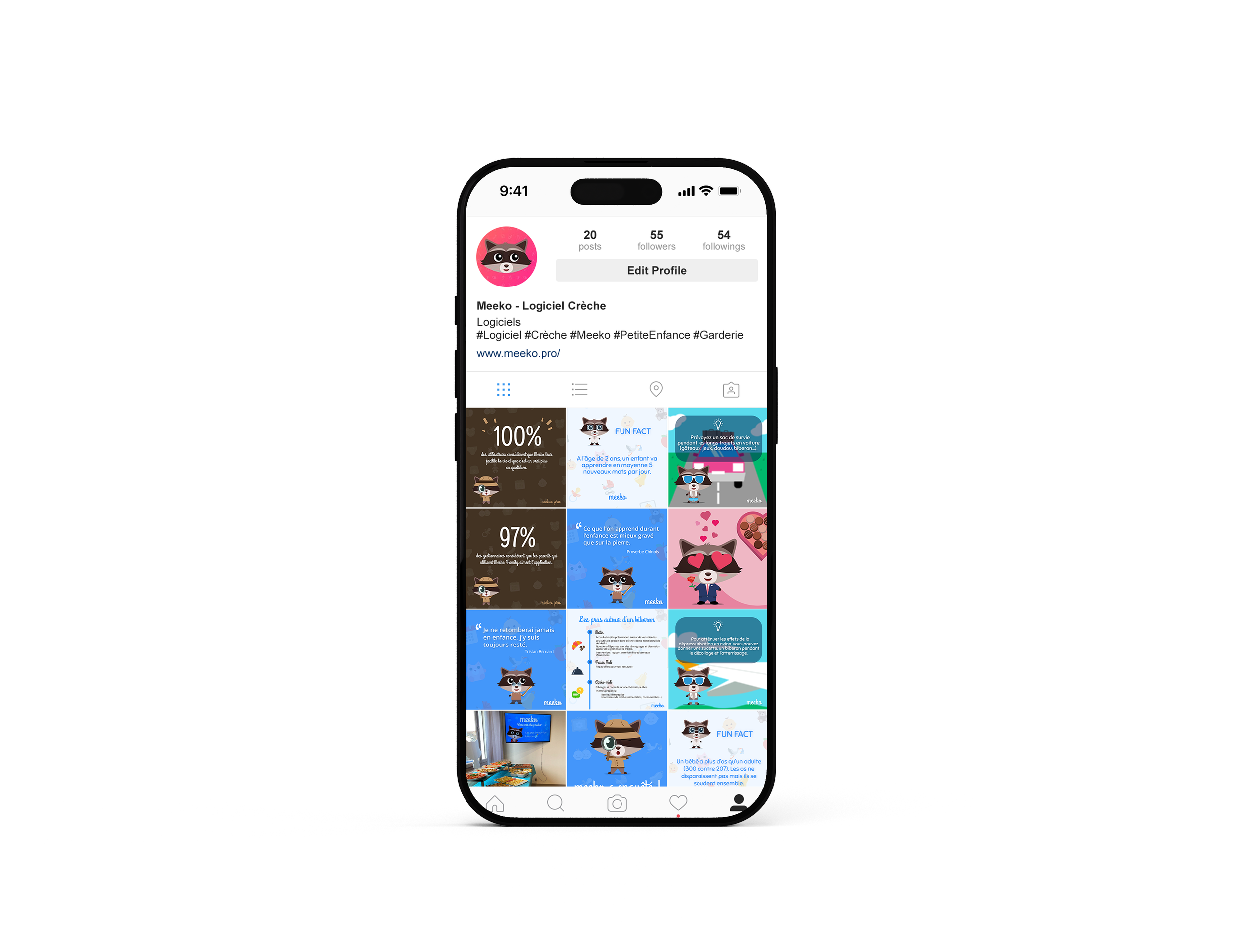 A smartphone displaying an Instagram profile page of a user named Meeko, with a raccoon profile picture and various posts and stories visible in a grid layout.