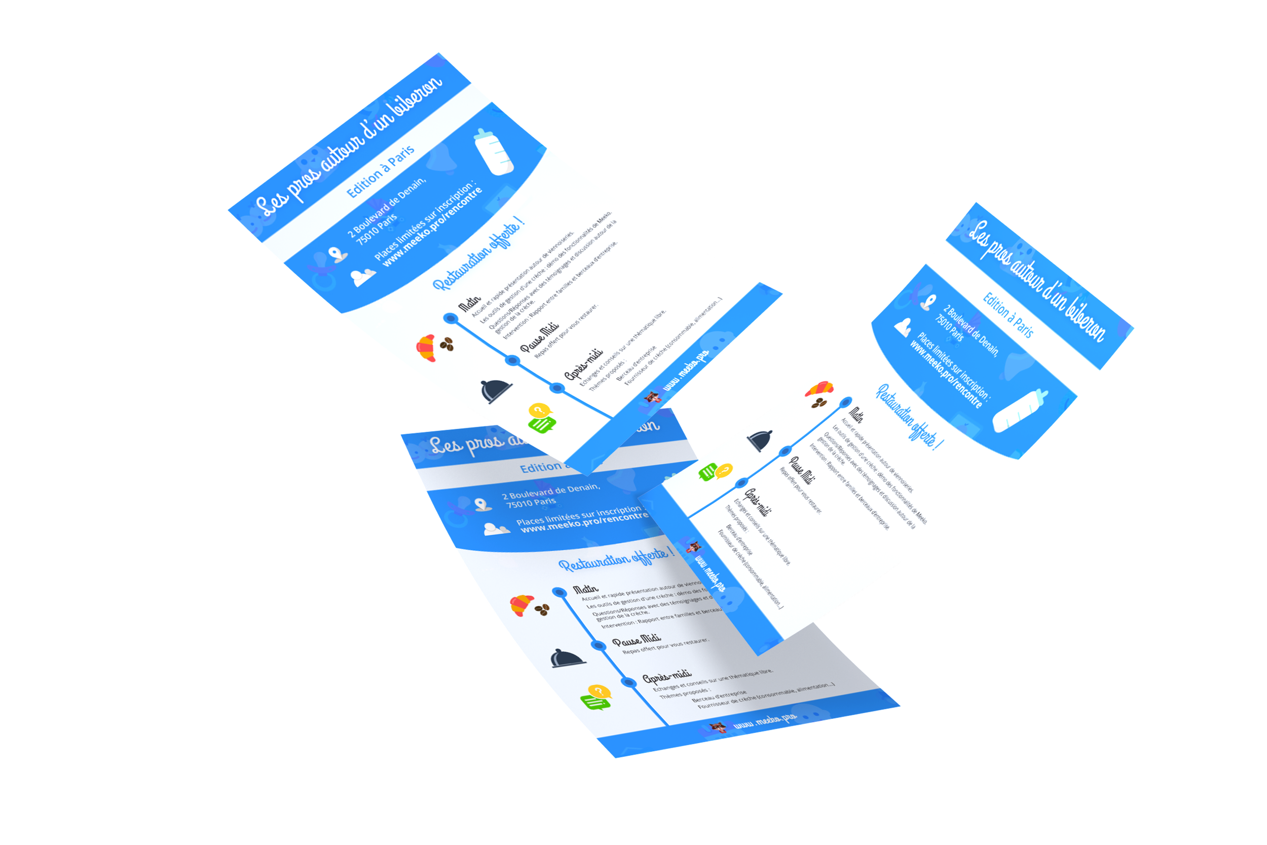 Event flyer with blue design for a restaurant event in Paris, includes icons of a baby bottle, a person, a city map, and food items, and details about the event location and registration.