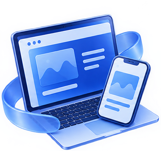 Digital illustration of a laptop and smartphone displaying webpage interface with images and text, surrounded by a blue ribbon.