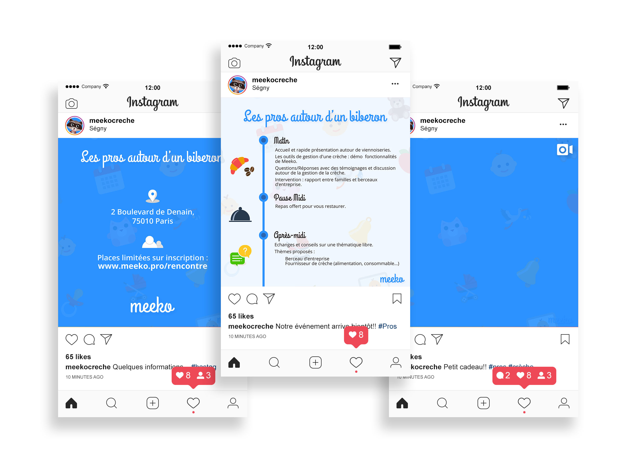 Multiple screenshots of an Instagram post by meekocreche, sharing an event about professionals around a birdhouse. The screenshots display the event details, location, and social media engagement icons.