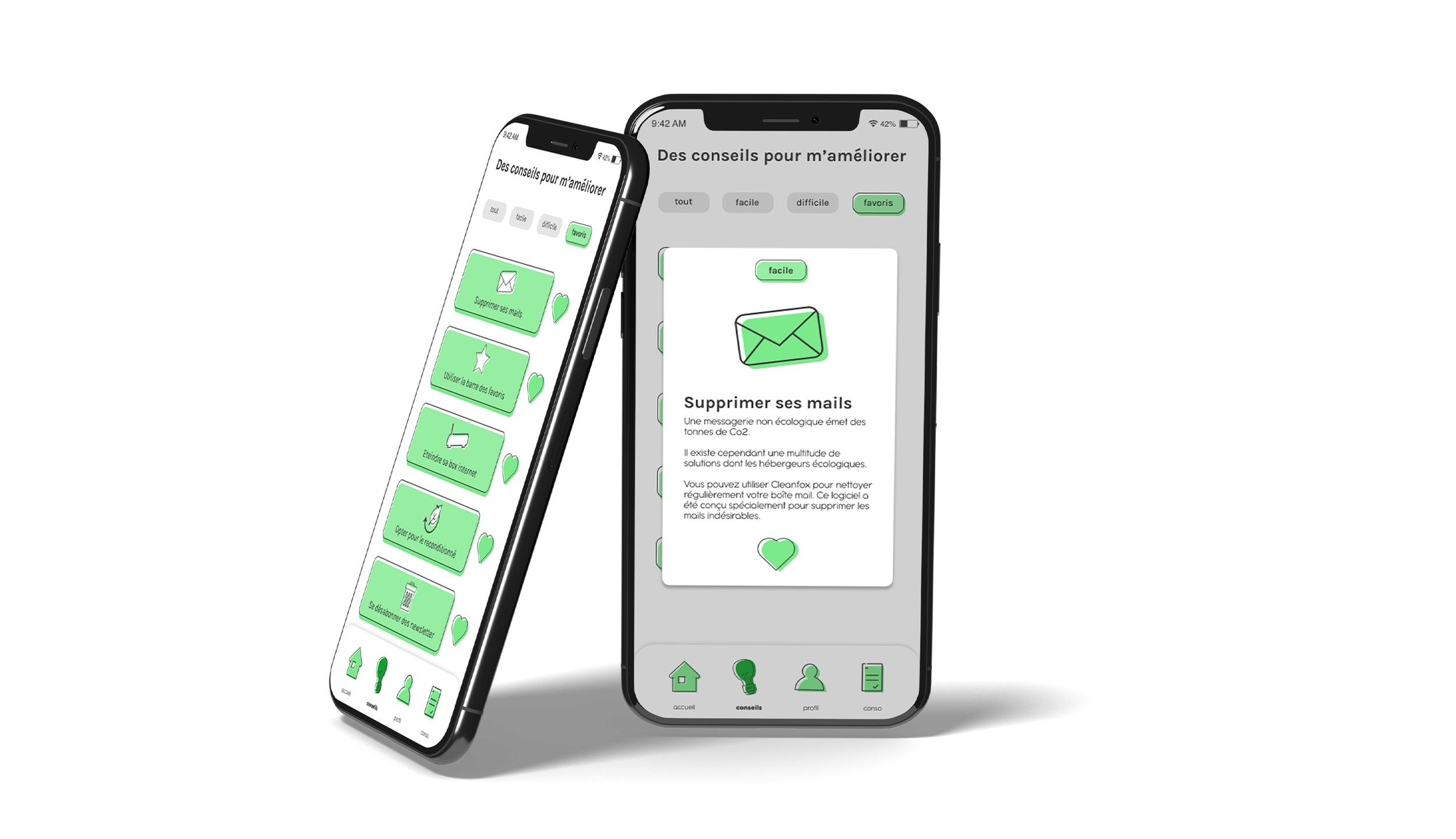 Two smartphones displaying an app with green icons and text in French, including advice for improving email management, with a dark background.