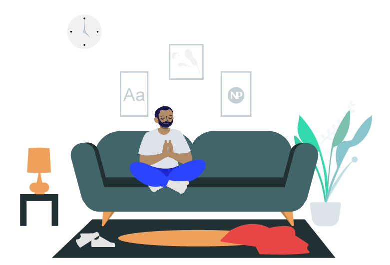 A man sitting cross-legged on a modern dark green sofa, practicing meditation with hands in prayer position in a living room. Behind him, three framed prints are on the black wall. A small side table with an orange lamp is to his left, and a large potted plant is on his right. A clock hangs on the wall showing 9:00, and there are some papers and a blanket on a rug in front of the sofa.