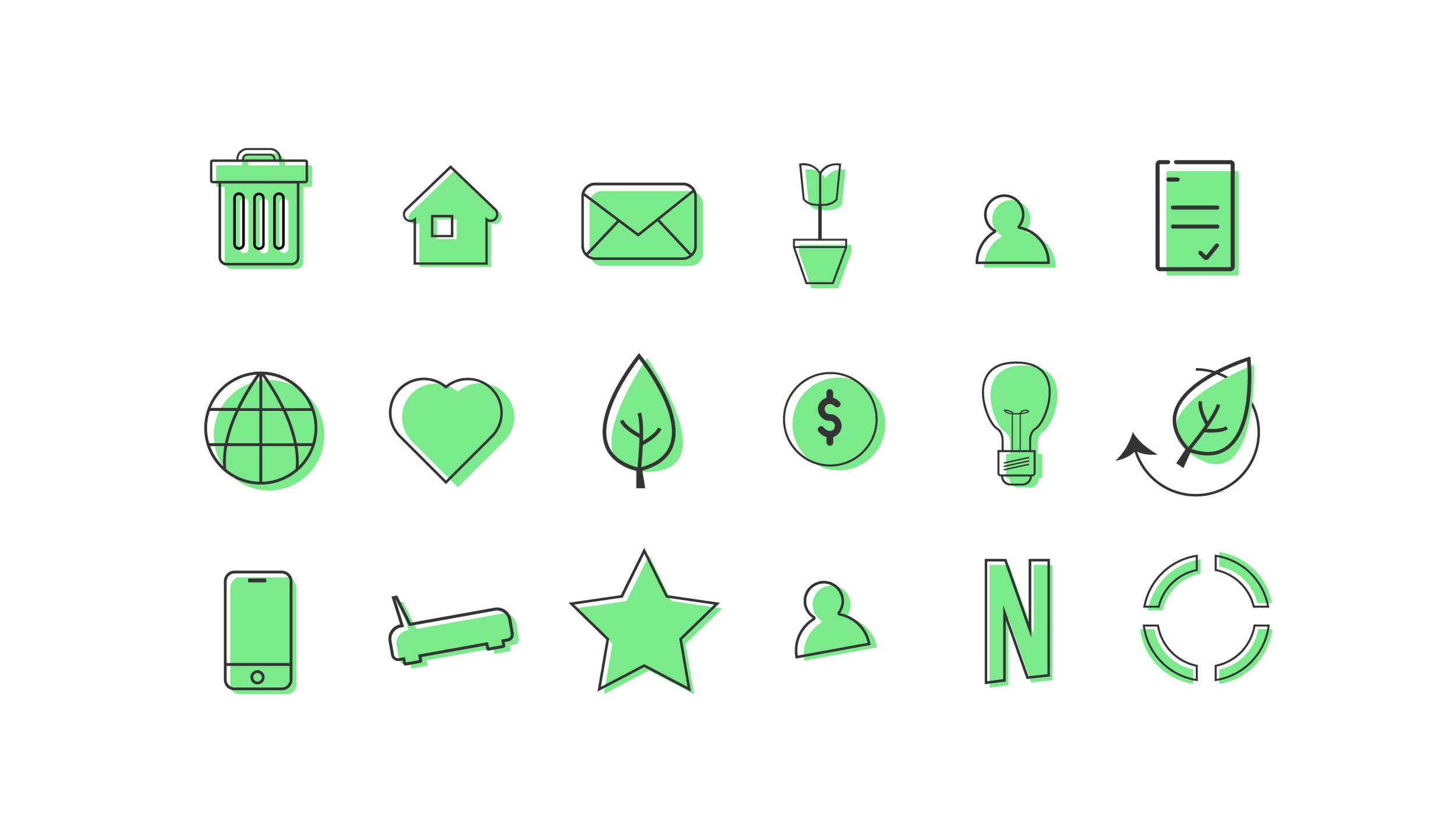 Collection of green outlined icons, including a trash can, house, envelope, flower pot, user silhouette, checklist, globe, heart, leaf, dollar sign, light bulb, recycling symbol, smartphone, paint roller, star, person, and a circular arrow.