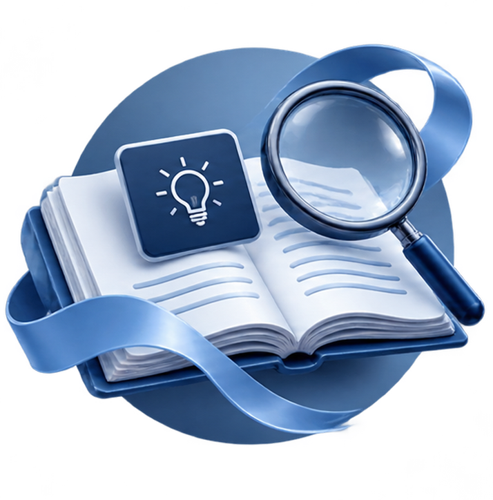 Open book with a magnifying glass, a light bulb icon, and a blue ribbon, representing research or study.