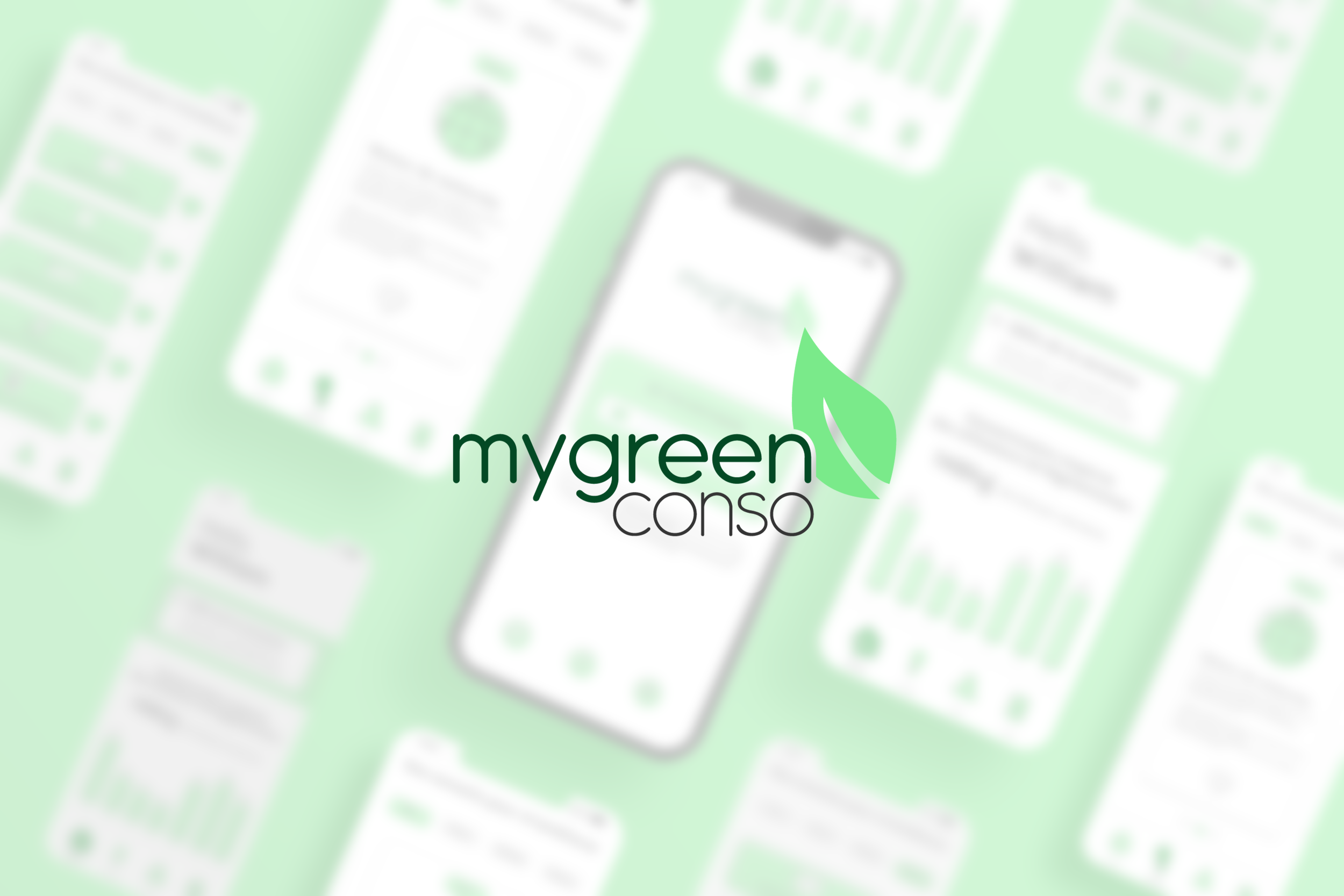 Blurred background with green and white colors, featuring the logo and name "mygreenconso" with a leaf graphic.