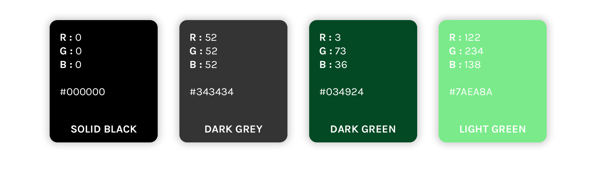 Four color swatches labeled Solid Black, Dark Grey, Dark Green, and Light Green with their respective color codes and RGB values.