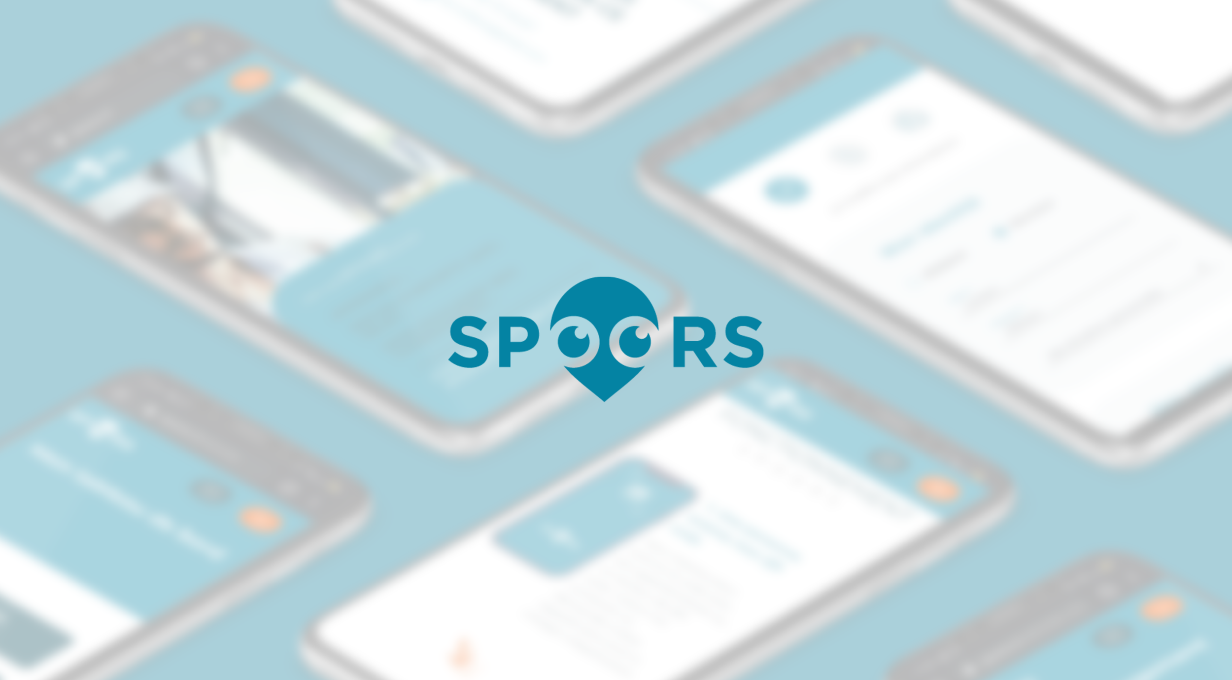 Logo of SPOCRS with a location pin icon on a background of blurred mobile phones.