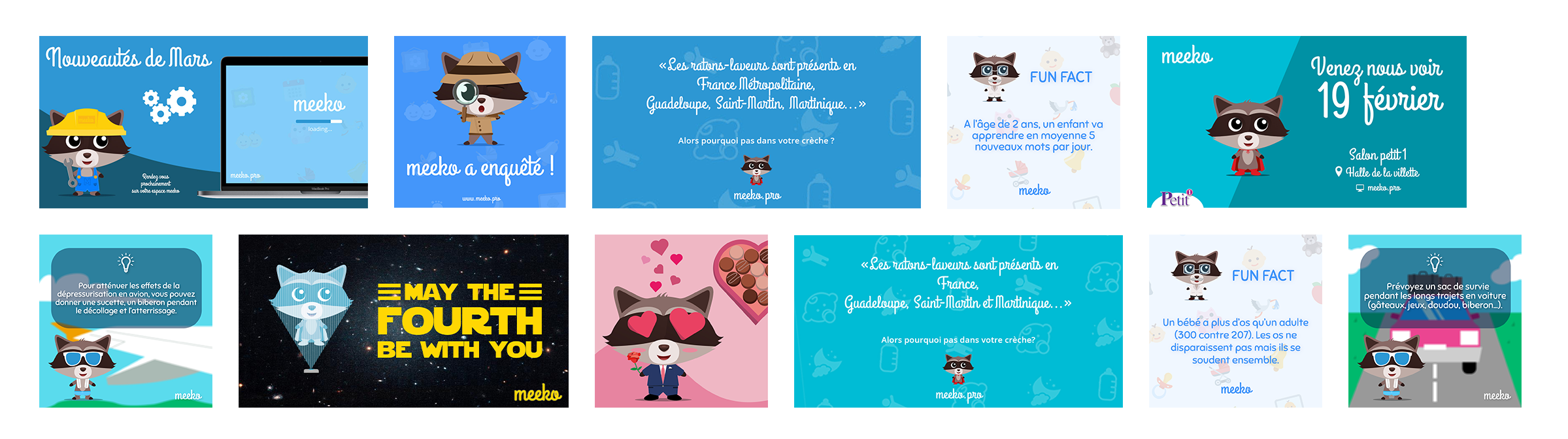 Collage of digital images featuring cartoon raccoons, some wearing costumes or accessories, with text in French and English about children's activities, facts, holidays, and health tips.