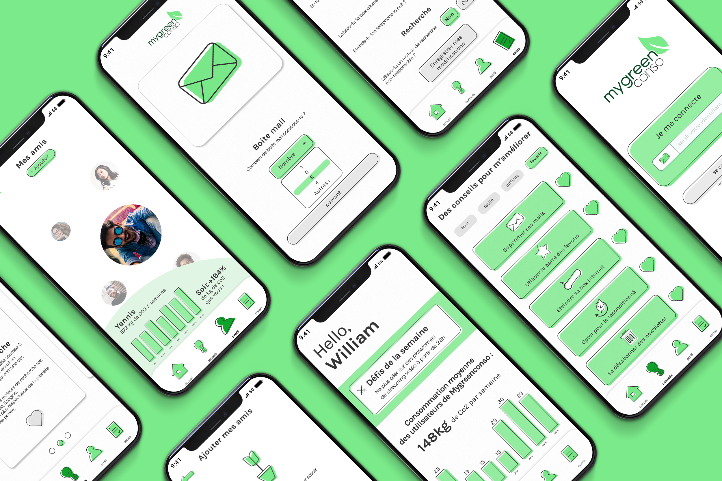 Multiple smartphones displaying the MyGreenConso app interface with green and white color themes, including icons for email, advice, profile, and eco-friendliness, set against a green background.