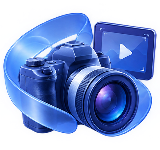 A camera with a large lens, headphones, and a smartphone with a video play icon on the screen.