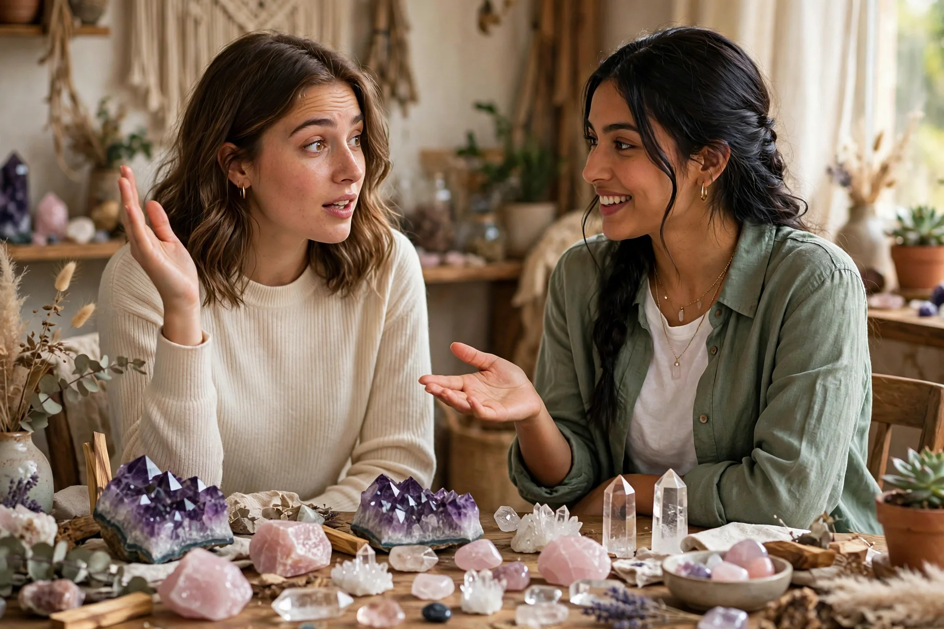 Two women discussing healing crystals at a table with Amethyst and rose quartz .