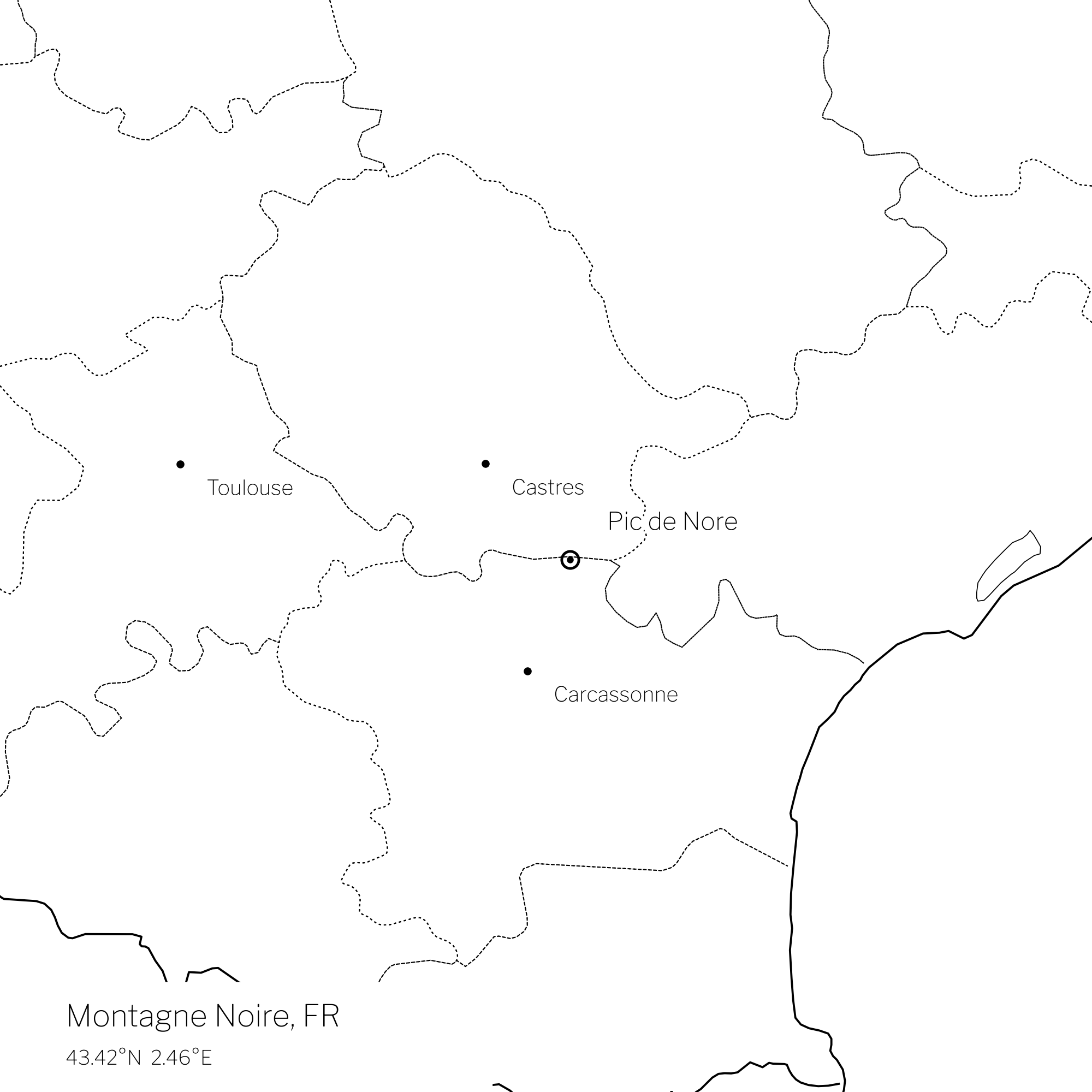 Map of the Montagne Noire marking Pic de Nore