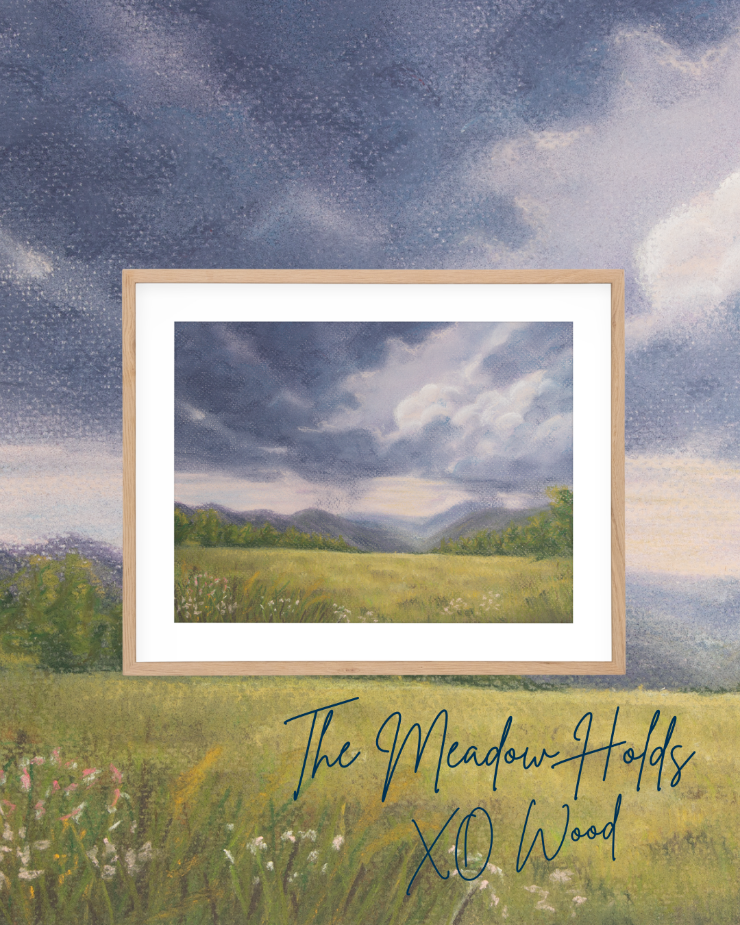 "The Meadow Holds," original artwork by Ashley Abbs, shown framed over a close-up detail of the piece