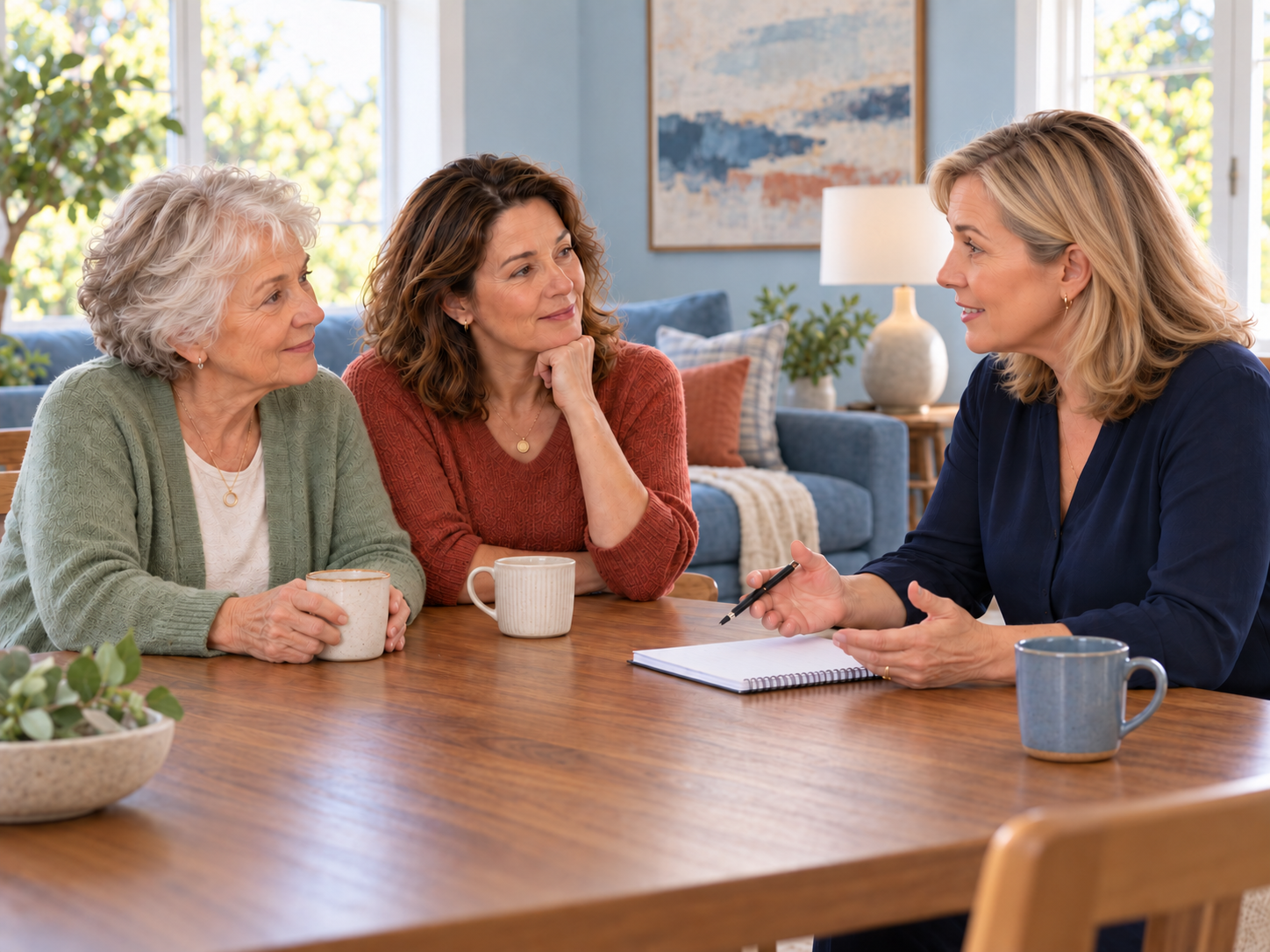 An older mother and adult daughter discussing care with an adviser in a welcoming contemporary home